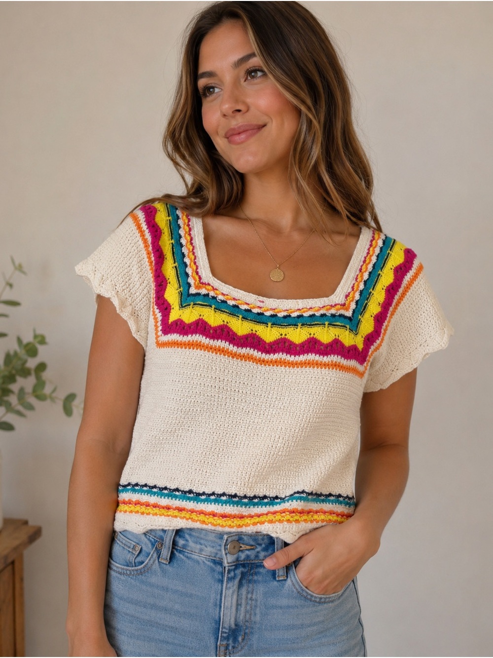 Boho Sea and be Seen Crochet Sweater Top size Large NWT